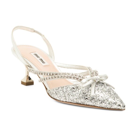 MIU MIU Made In Italy Glitter Embellished Pointy Toe Kitten Heels - Picture 1 of 3
